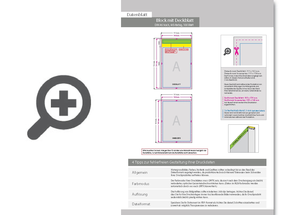 Product Bild block_mit_leimbindung_und_deckblatt__din_a6__100_blatt__4_0_farbig_einseitig_bedruckt
