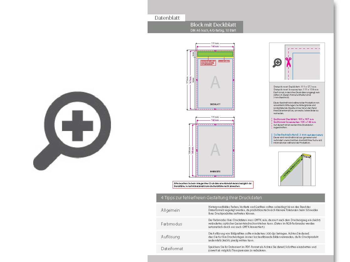 Product Bild block_mit_leimbindung_und_deckblatt__din_a6__10_blatt__4_0_farbig_einseitig_bedruckt