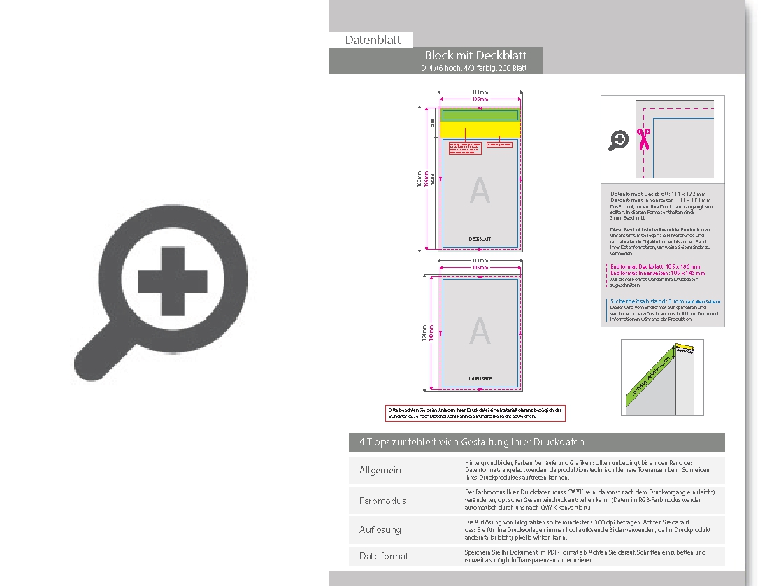 Product Bild block_mit_leimbindung_und_deckblatt__din_a6__200_blatt__4_0_farbig_einseitig_bedruckt