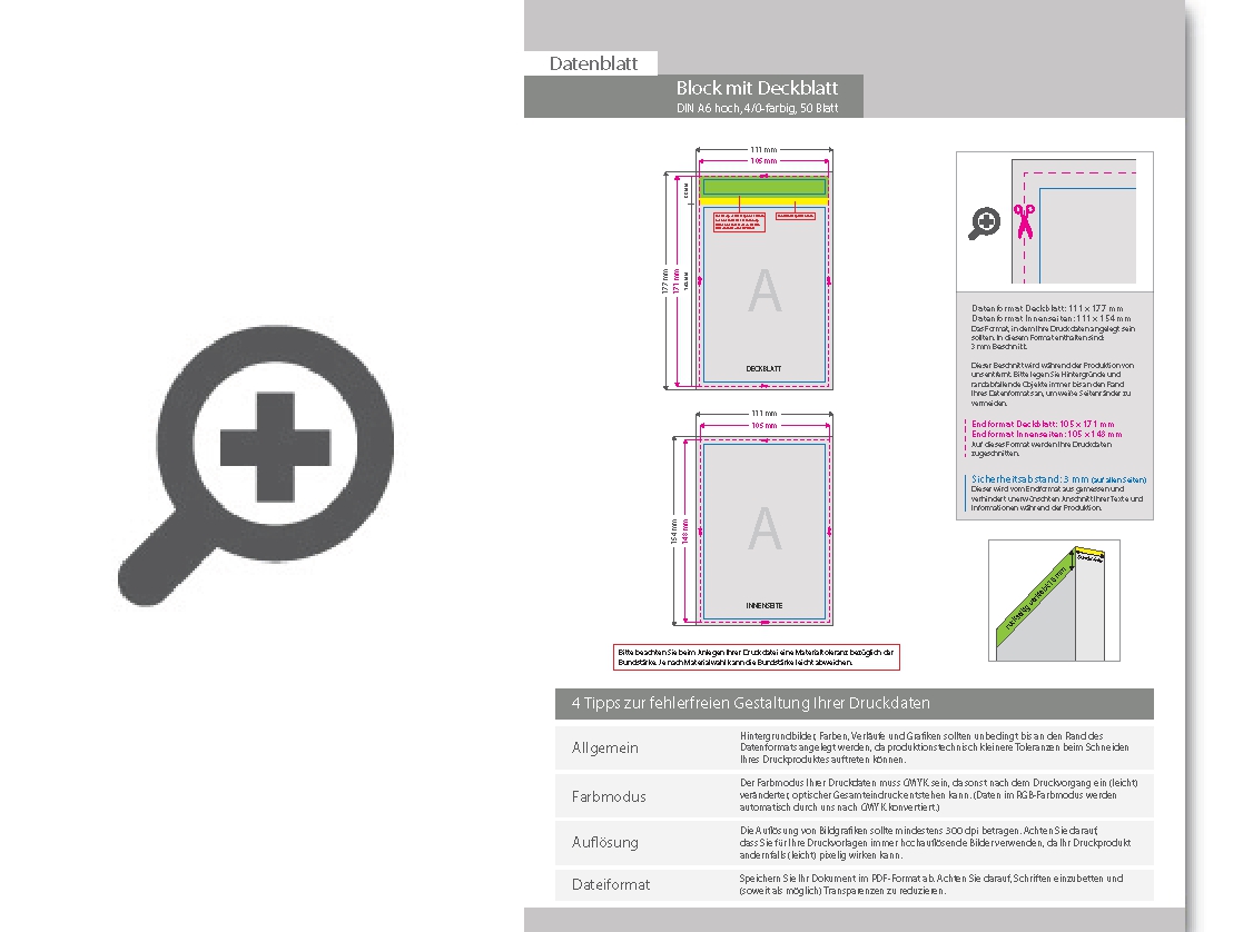 Product Bild block_mit_leimbindung_und_deckblatt__din_a6__50_blatt__4_0_farbig_einseitig_bedruckt