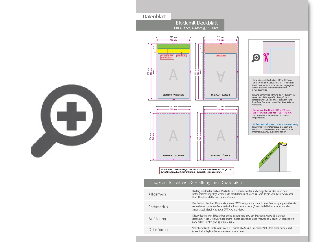 Product Bild block_mit_leimbindung_und_deckblatt__din_a6__100_blatt__4_4_farbig_beidseitig_bedruckt