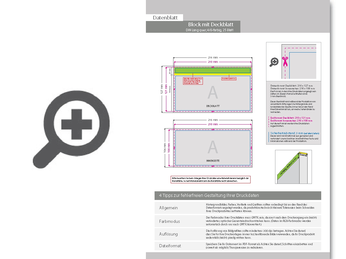 Product Bild block_mit_leimbindung_und_deckblatt__din_lang_quer__25_blatt__4_0_farbig_einseitig_bedruckt